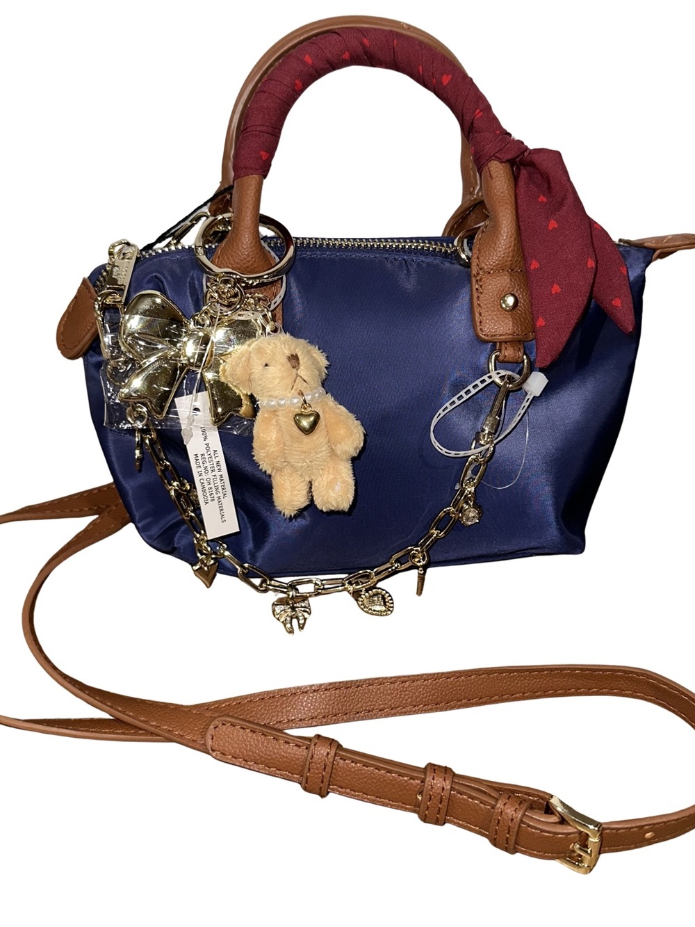 New MADDEN GIRL Mini Tote Purse Crossbody Bag Charms Scarf Keychain Navy Blue